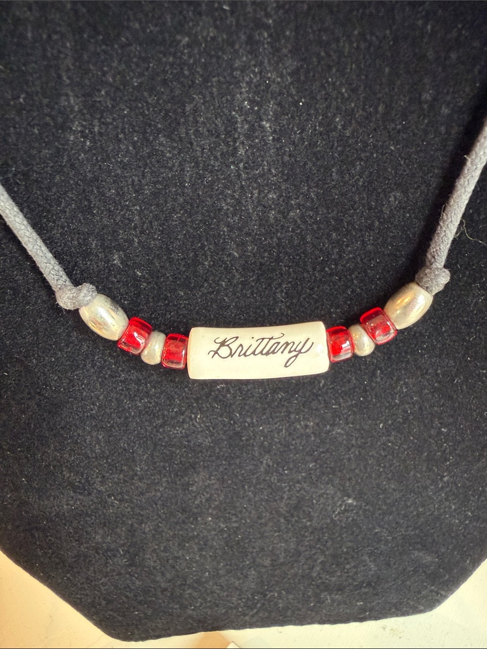 Personalized 'Brittany' Beaded Name Necklace in Red and Silver